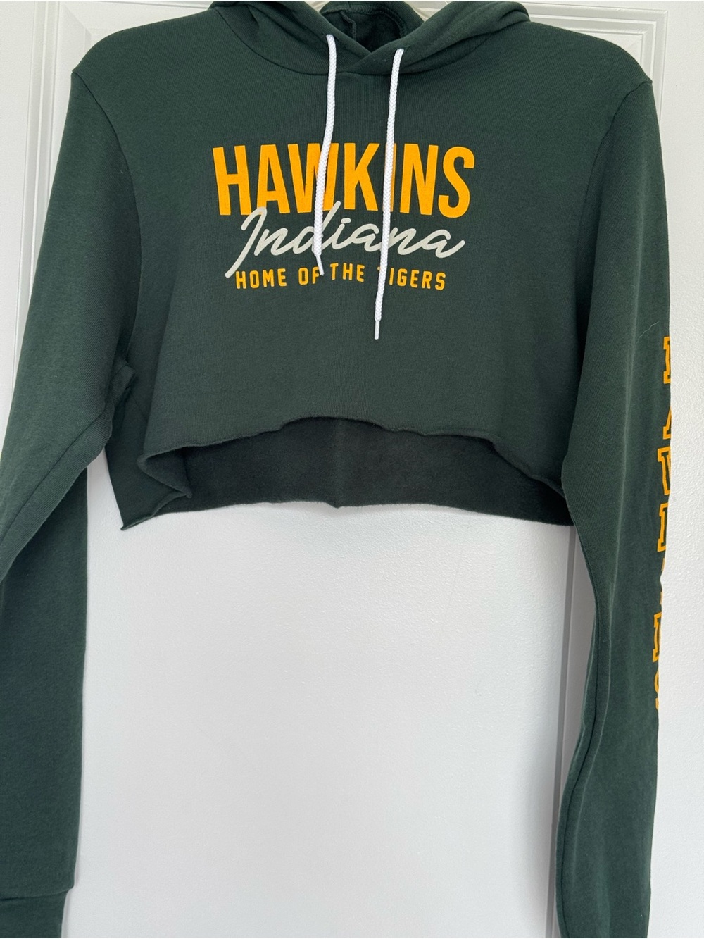 “Stranger Things” Hawkins Indiana Cropped Hoodie Sweatshirt - Dark Green